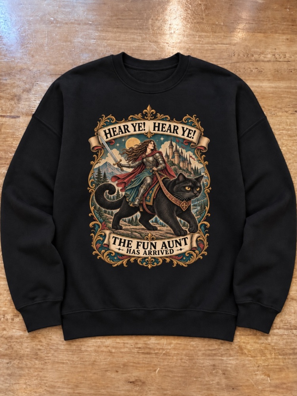 Knight Riding The Fun Aunt Magical Cat Graphic Sweater in Black